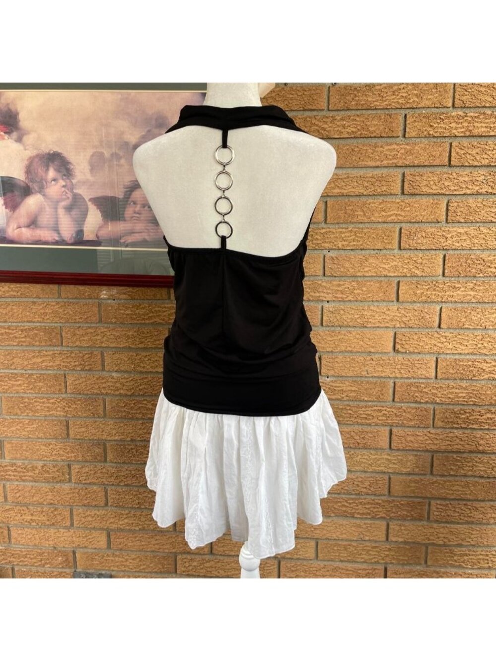 2000s black cowl neck top with chain detailing on back